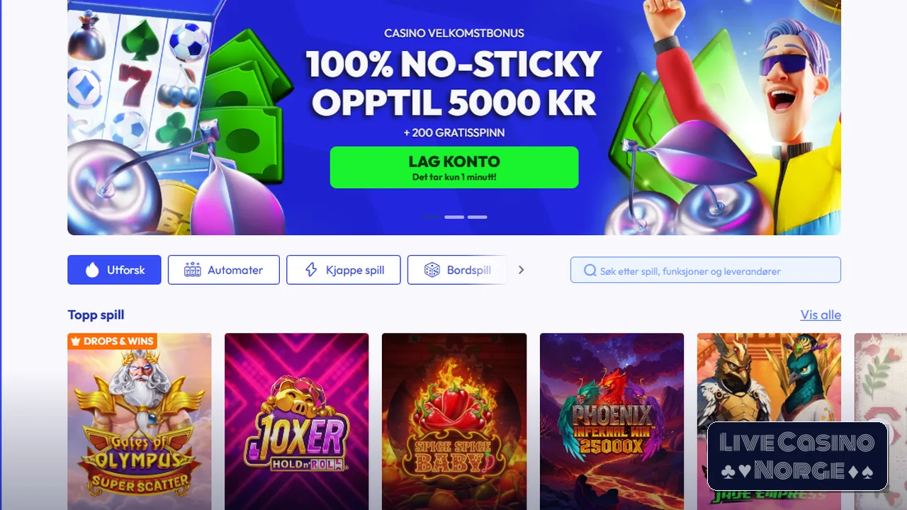 BetFriday casino lobby med norsk språk, NOK og spilleautomater