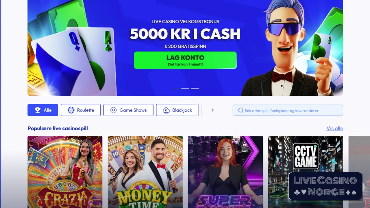 BetFriday live casino lobby med Crazy Time, Money Time og live blackjack
