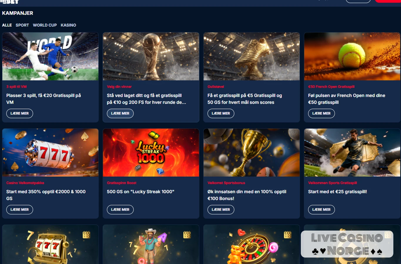 KudosBet kampanjeside med casino og live casino bonuser