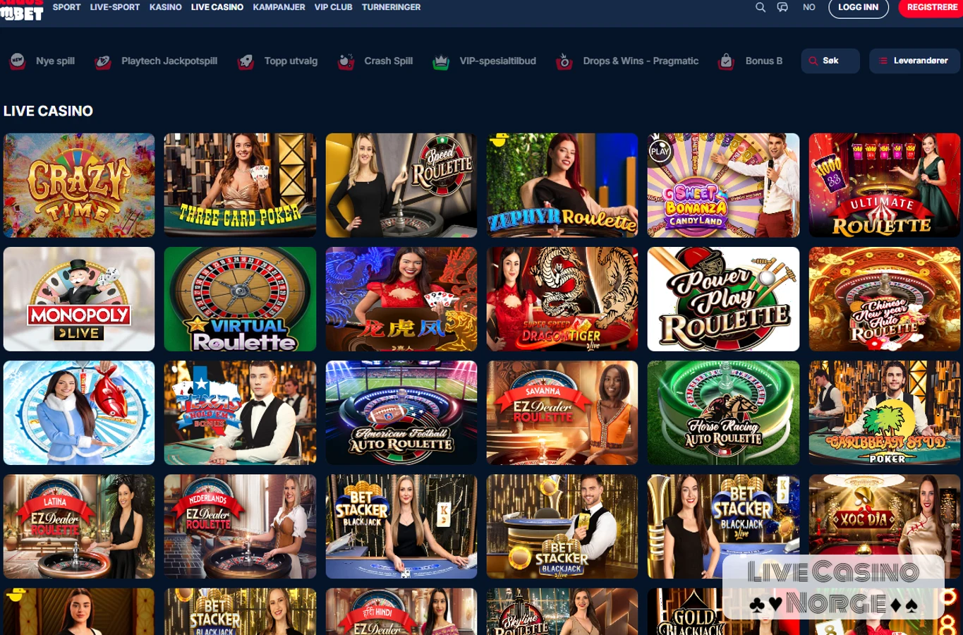 KudosBet live casino lobby med rulett, blackjack og game shows