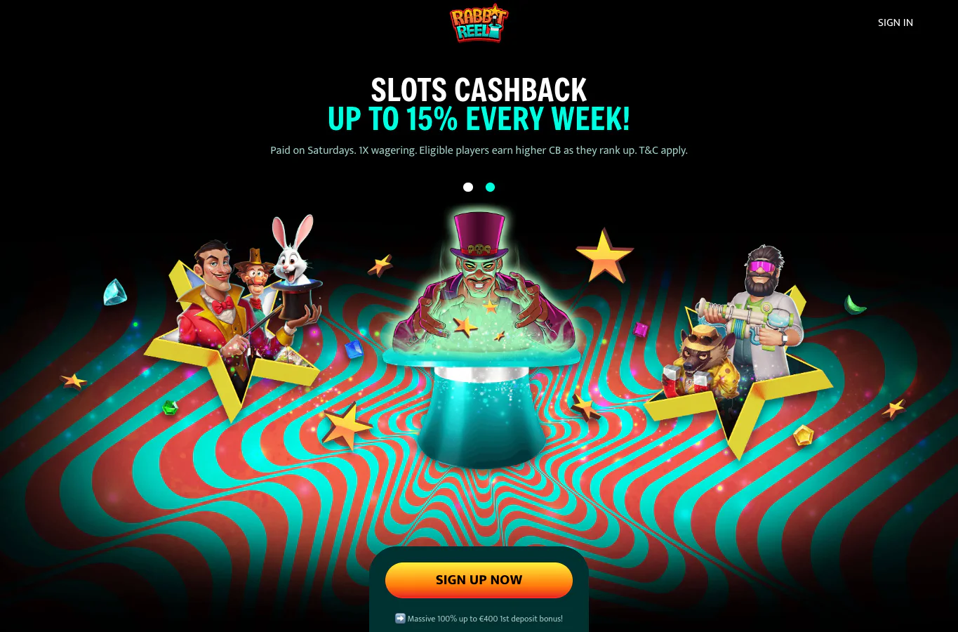 RabbitReel forside med live casino og bonus