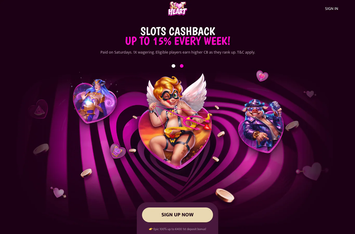 Slotheart forside med live casino og bonus