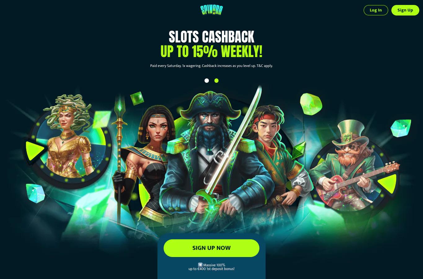 Spinara forside med live casino og bonus