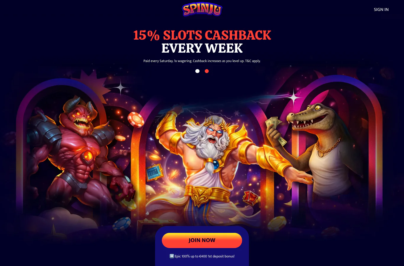 Spinju forside med live casino og bonus