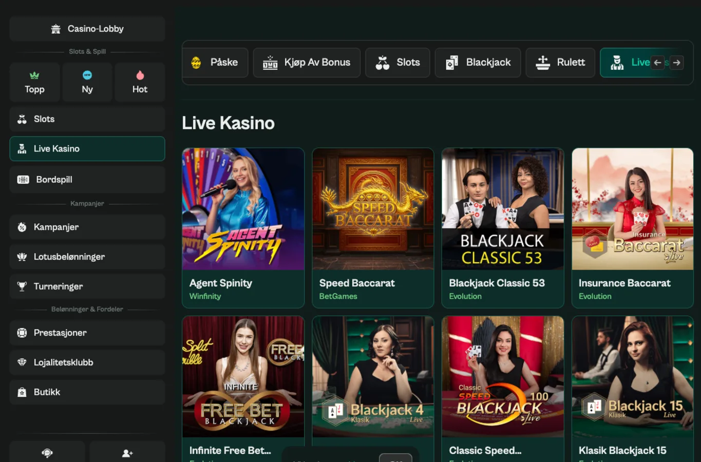 Spinzen live casino med blackjack baccarat og roulette