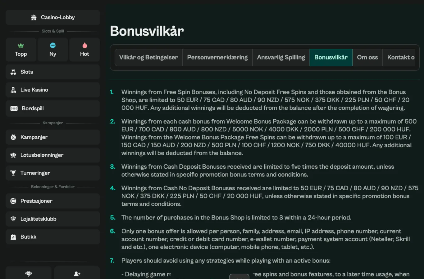 Spinzen bonusvilkår og regler