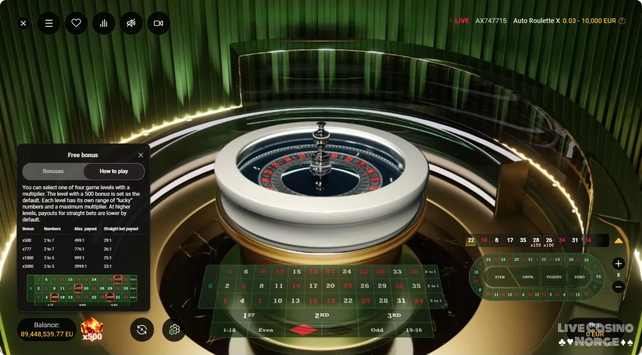 Auto Roulette X-bonusmeny med nivåene 500x, 777x, 1000x og 3000x og ordinære odds