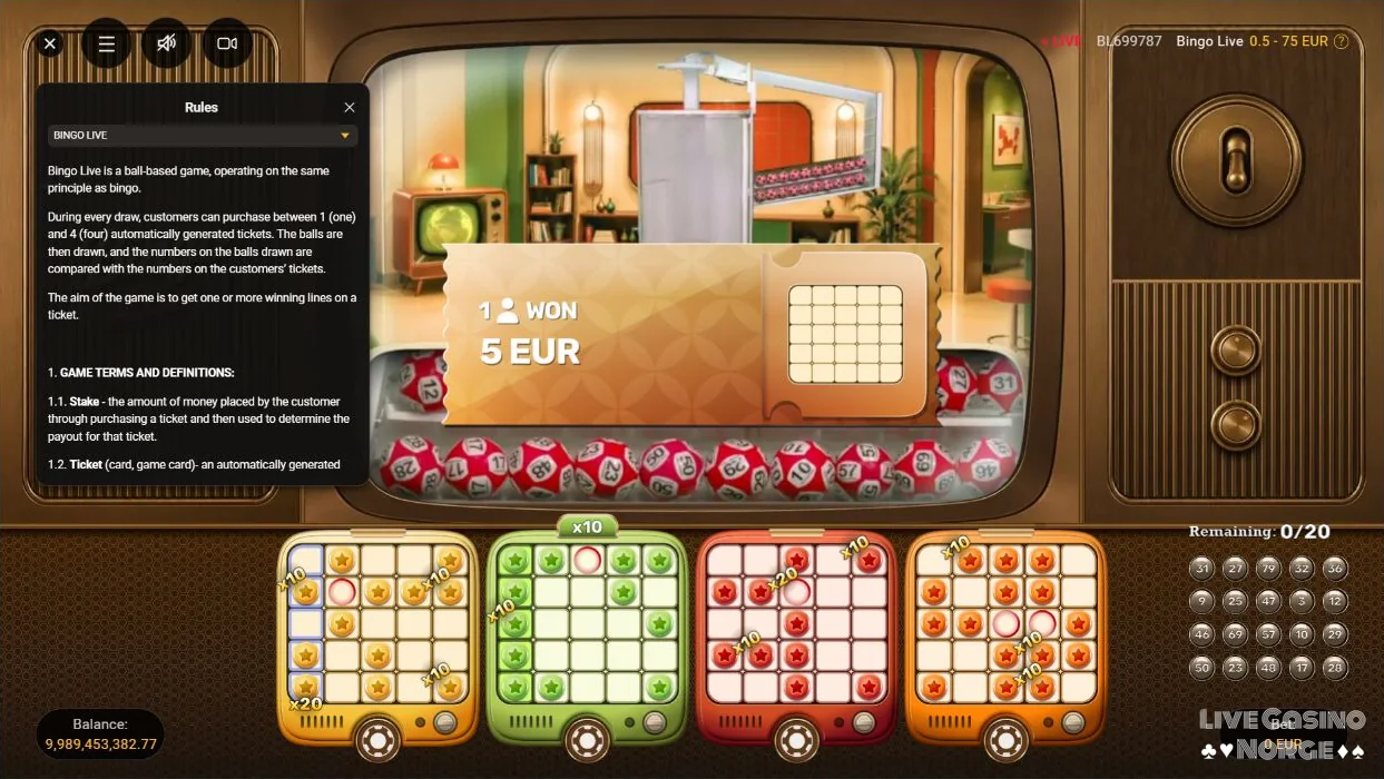 Bingo Live med fire kort, bonusmerker og den engelske regeloversikten åpen