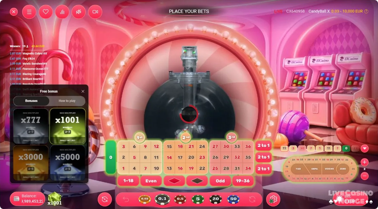 CandyBall X-bonusmenyen viser 777x, 1001x, 3000x og 5000x med ulike enkeltnummerodds