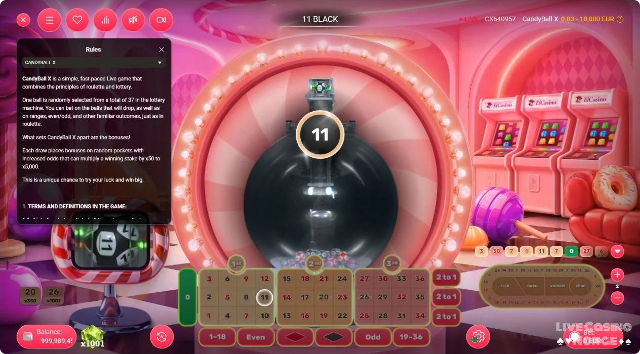 CandyBall X viser resultatet elleve svart mens den engelske regeloversikten er åpen