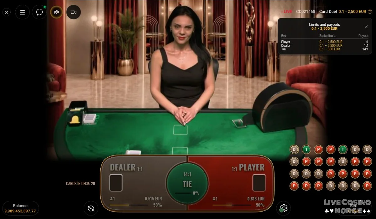 Card Duel-utbetalingspanel med separate grenser for Player, Dealer og Tie