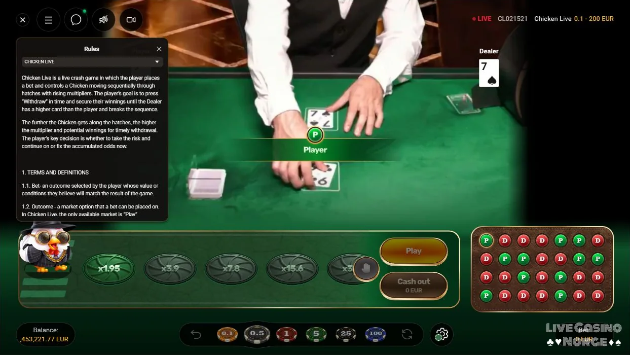 Chicken Live med engelsk regelpanel og Player ni mot Dealer sju ved kortbordet