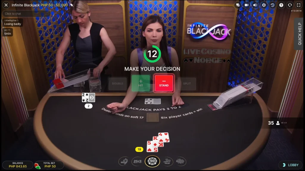 Infinite Blackjack av Evolution Gaming (Ta din beslutning)
