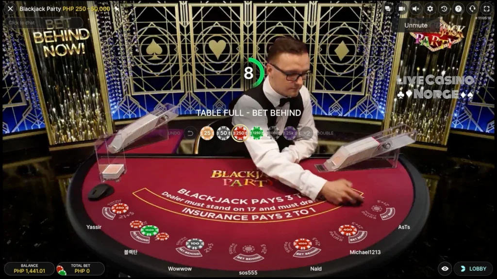 Blackjack Party - Evolution Gaming (Spill bak funksjonen)