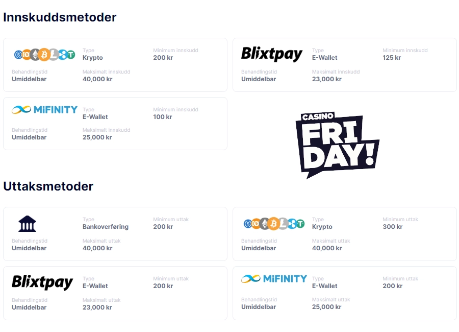 CasinoFriday - Innskudd og Uttak