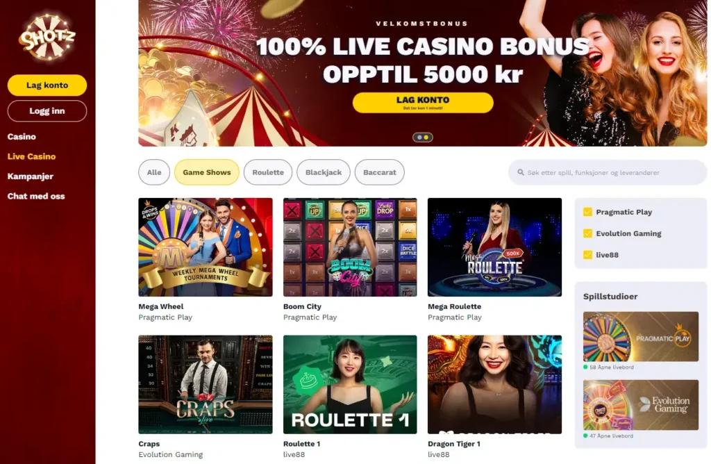 Shotz hovedside live casino