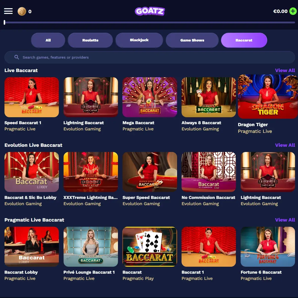 Goatz Casino - Live Baccarat Lobby