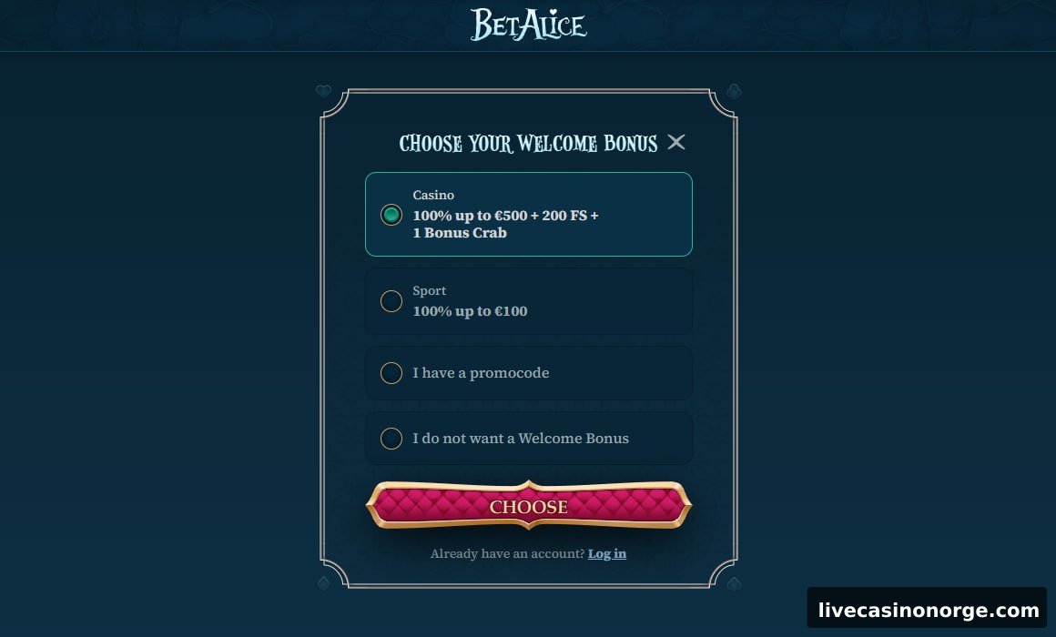 BetAlice Velkomstbonus Valg